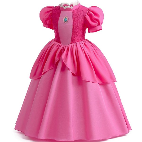 Flickor Prinsessklänning Kostym För Princess Peach Cosplay Kostymer Barnkläder Med Brosch För Halloween Födelsedagsfest 6-7Y