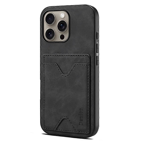 DENIOR iPhone 16 Pro Max -kotelo, nahka + TPU, korttipaikka, teline - Multicolor Black