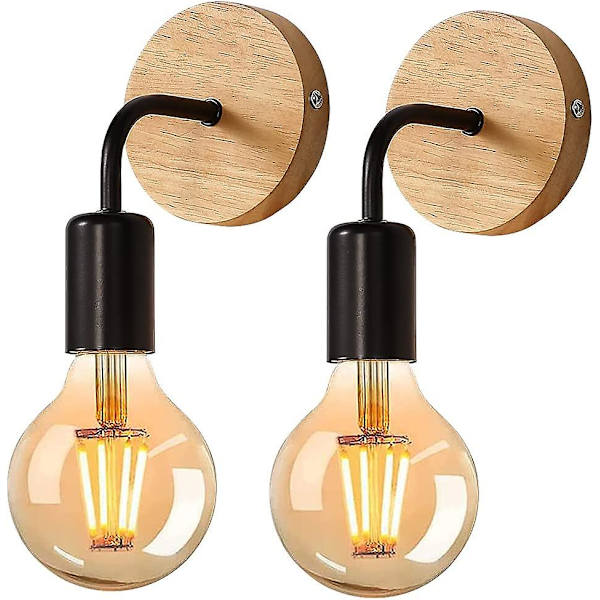 2 st inomhusvägglampor, industriell vägglampa i trä, E27 vägglampor retro väggdekoration för vardagsrum, sovrum (glödlampor ingår ej, max 40w)