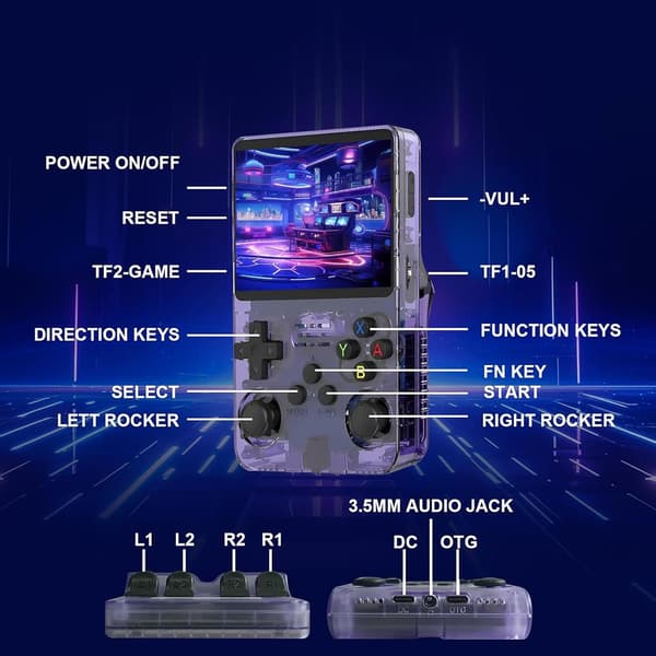 R36S Retro Handheld Game Console, Open Source Linux System, 128G TF Card, 30000+ Classic Games, 3.5 Inch IPS Screen, 3500mAh Battery Purple, 128GB