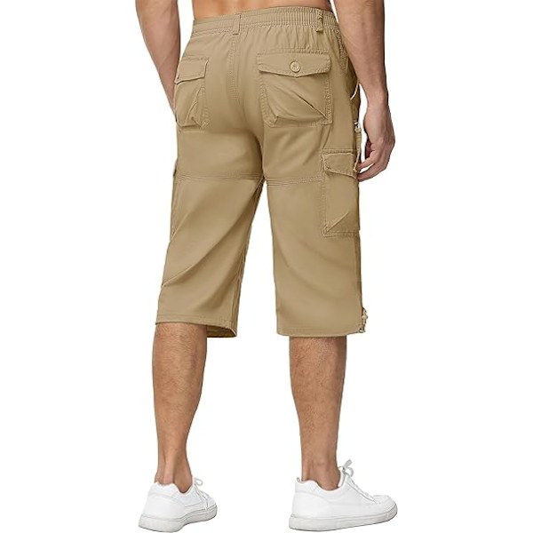 Herre Casual Twill Elastiske 3/4 Cargo Shorts Løs Pasform Multi-Pocket Capri Lange Korte Bukser 3XL Khaki