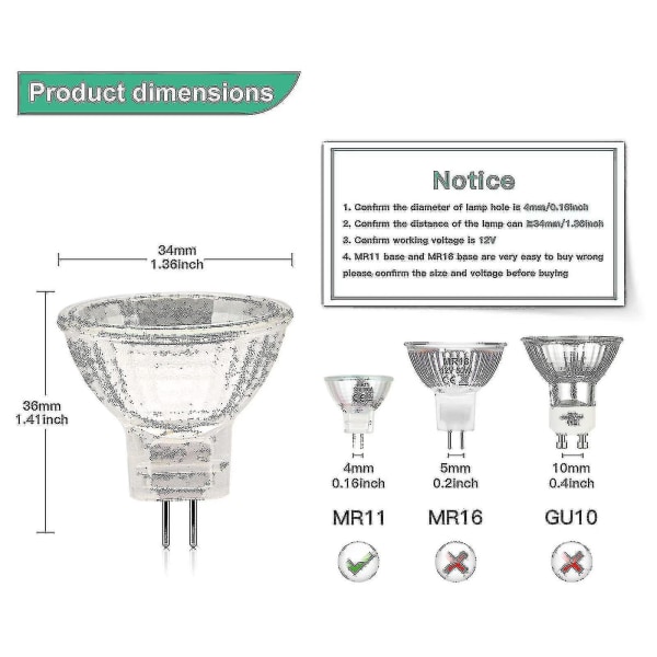 2024 12 stk Mr11 Halogenpærer Gu4 Halogenlampe 12v 20w Mr11 Gu4 Dimbar Pære Glassdeksel Til Taklampe 2 Pin Halogenpære 2700k Varm Hvit