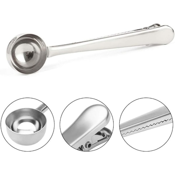 2 st kaffeskopor med påsklämma, rostfritt stål kaffemätsked kaffeförslutare för kaffebryggare malet kaffe och bönor (silver)