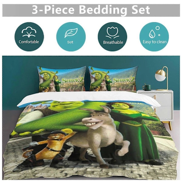 x16 Shrek 3-delt Sengesæt Varmt og Behageligt Blødt Dynebetræk Sengesæt med 1 Dynebetræk og 2 Pudebetræk til Soveværelse b16 200x200cm 78x78in