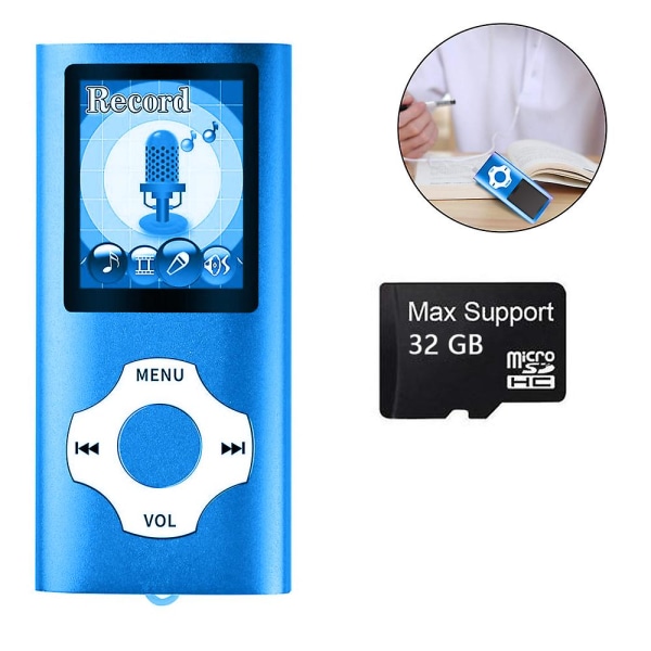 32 GB MP3-spiller, lydmusikspiller, FM-radio, stemmeopptaker, e-bok Blue