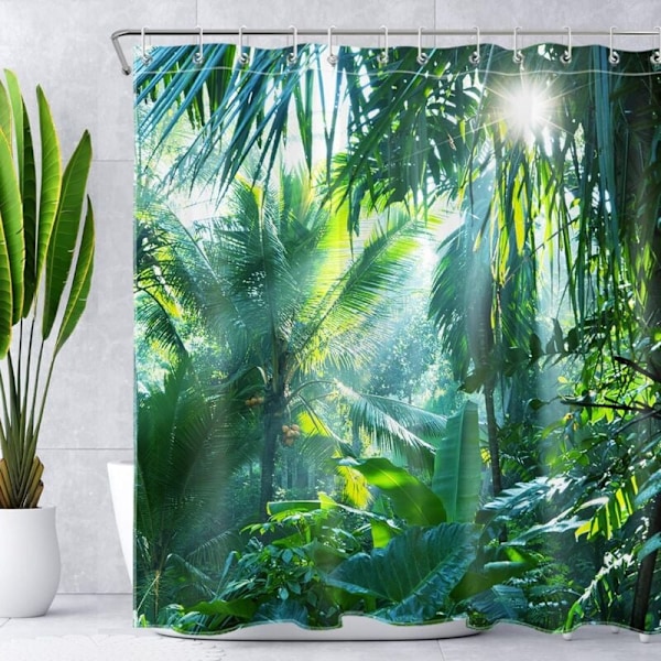 Skovgrønt bruseforhæng 180 x 200 cm bananblad bruseforhæng tropisk jungle palmeblad med 12 vandtætte polyesterkroge og skimmelresistent