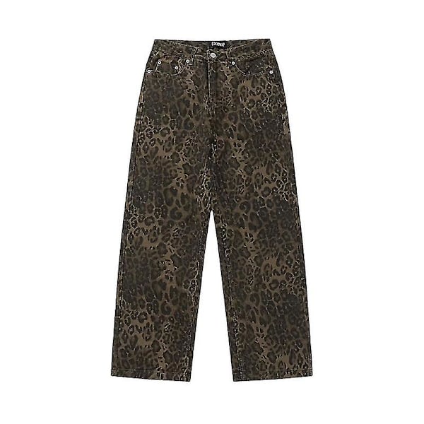 Tan Leopard Jeans Dame Denim Bukser Kvinde Oversize Wide Leg Bukser S