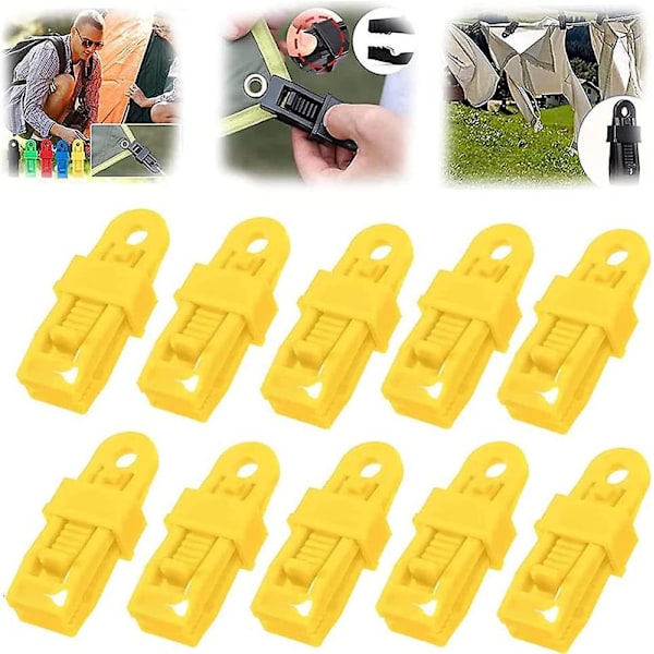 10 st Justerbara Tunga Låshandtag för Presenning och Skuggduk, Plastklämmor för Skuggduk, Återanvändbara Presenningklämmor - Yellow