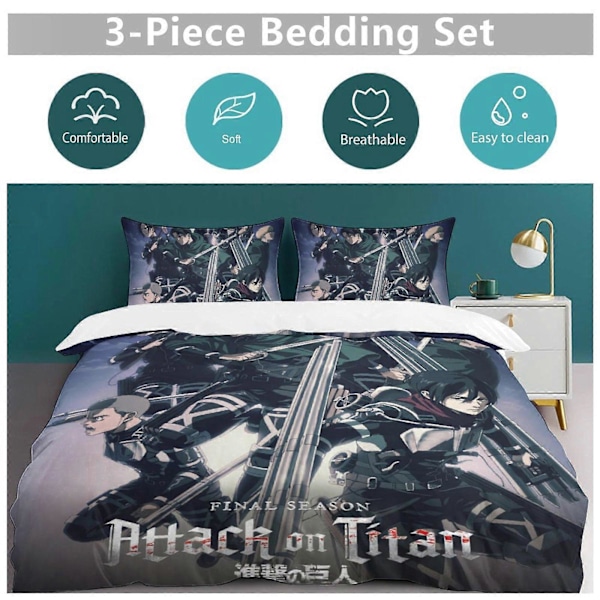 v1329 Attack On Titan Dynesett Tykkere Mykt 3-delt Sengesett Helårs Dynetrekk med 2 Putetrekk for Voksne Kvinner Jenter Tenåringer Hjem Rom Deco 135x200cm 53x78in