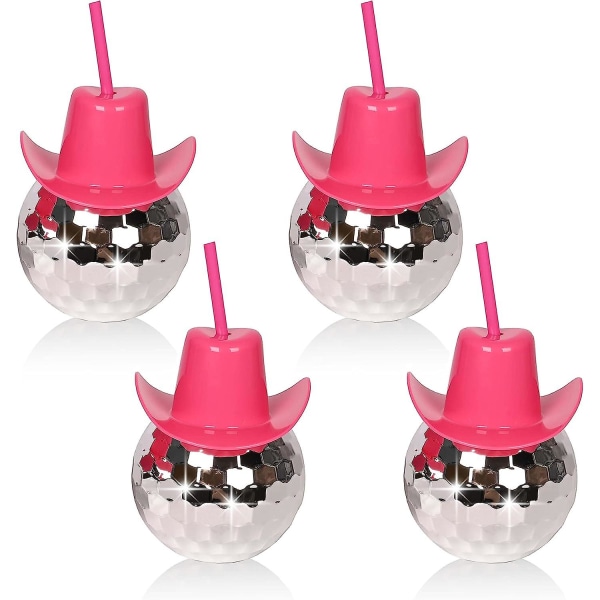 Disco Ball Rosa Cowgirl Hat Cups med sugrör, Cowboy Western Party Supplies, Single Girl Party Supplies 4pcs