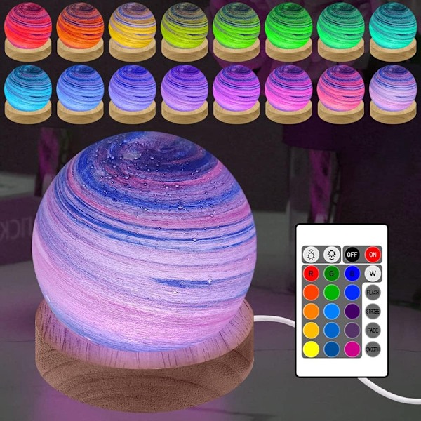 3D LED Planetlampe, Dæmpbar Natlampe med RGB-Farver, Træbase til Soveværelsesdekoration (8cm) Sort Svart Svart