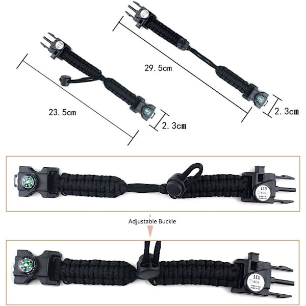 Justerbart overlevelsesarmbånd, 7-kjerners paracord 20 i 1 nødsportsarmbåndsett med vanntett LED SOS-lys, kompass, redningsfløyte