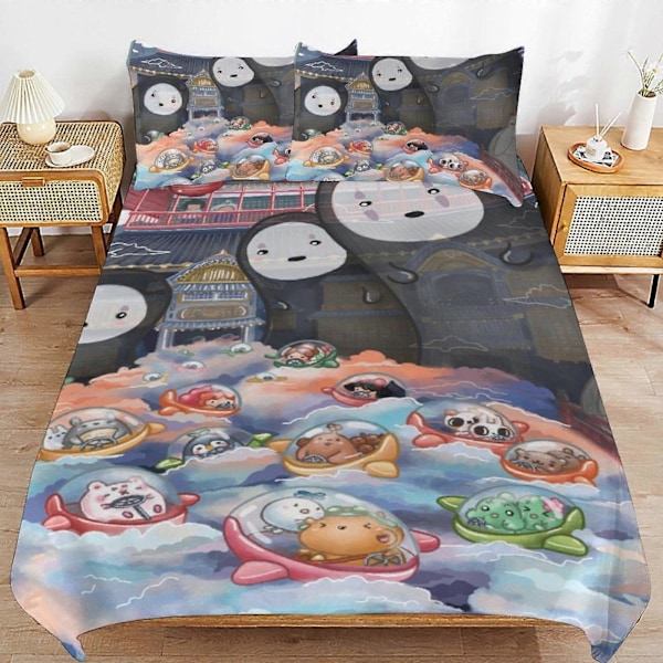 v753 Spirited Away 3-delars Anime Täcke Sängkläder 1 Set Supermjukt Påslakan med 2 Örngott Roliga Anime-prylar Presenter för Flickor Pojkar Barn Vuxna 200x200cm 78x78in