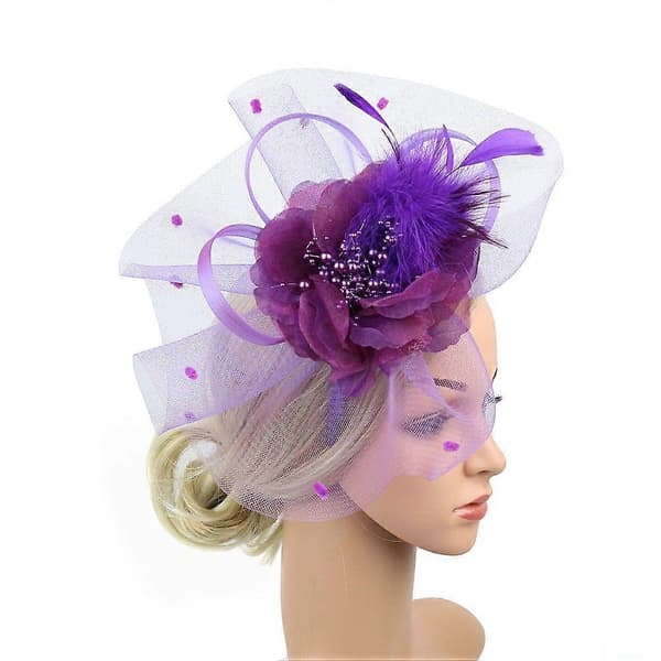 Lilla blomsternettinghodeplagg for kvinner, elegant hårspenne for bryllupskveldsfestkostyme