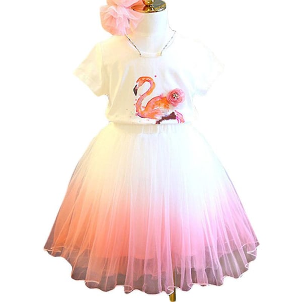 Børns Piger Flamingo Trykt T-shirt Tutu Tulle Nederdel Outfits Sæt Festtøj 3-8 år White 4-5 Years