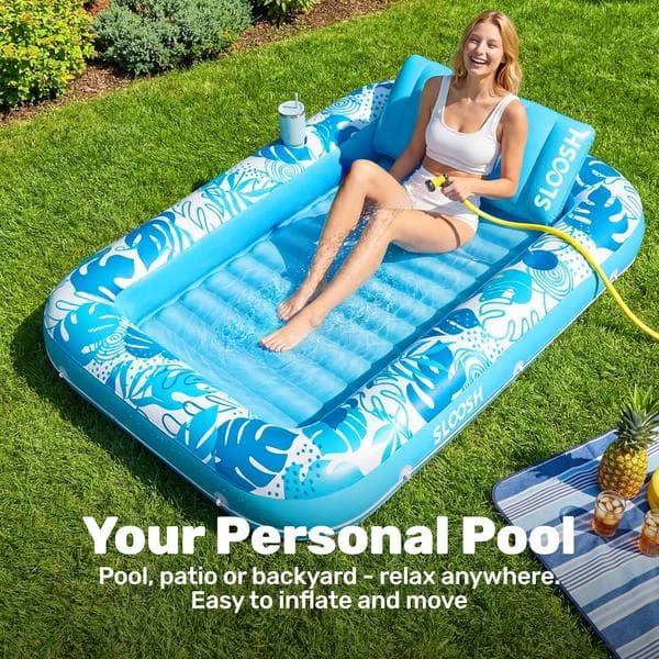 Inflatable Pool Lounger, 180 x 118 cm Extra Large Pool Float for Adults with Pillow, 4-in-1 Sunbathing Pool Float, Sunbed Lounge Blue