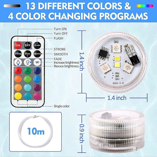 10 stk Mini Vandtætte LED-Lys, Aled Lys Under Vand Lys Vandafvisende RGB Multifarvet LED Lyslys Med 2 Fjernbetjeninger Til Swimmingpool