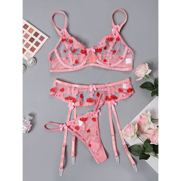 3-delat Setet för Kvinnor - Sexig Valentinsdag Rosa Lingerie - Sexig Underkläder med Strumpeband - Mogna Sexiga Hjärtformade Lingerie för Dam/YY L