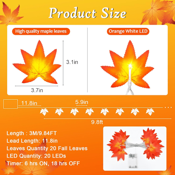 Lønneblad-lyskjede, 3M 20LED høstlys lysslynge batteridrevet med timer, høstbladlyskjede
