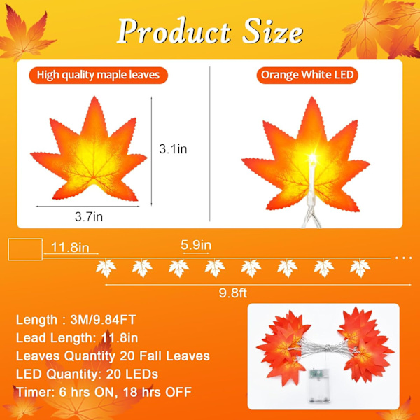 Lönnlöv ljusslinga, 3M 20LED höst höst ljusslinga batteridriven med timer, höstlöv ljusslinga