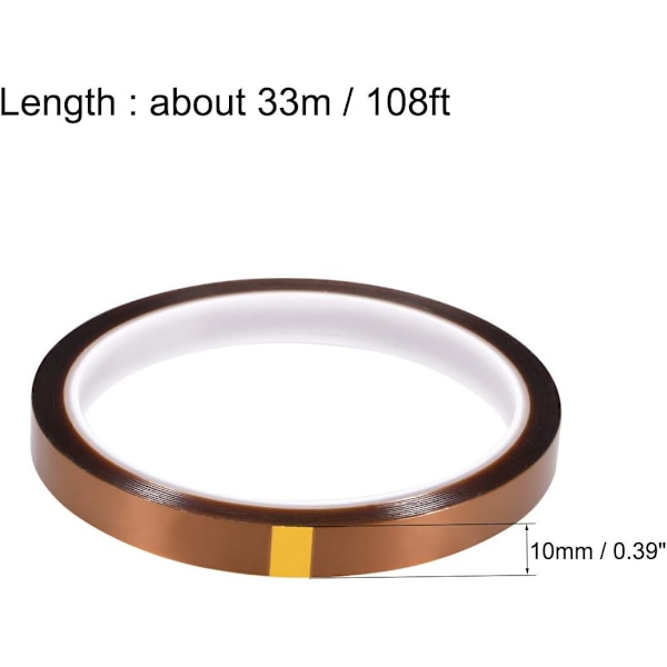 Højtemperaturstape, 10 mm bred Kapton-tape, polyimidfilmklæbebånd til 3D-printerhøjmaskering, lodning, pulverlakering (10 mm x 33 m).