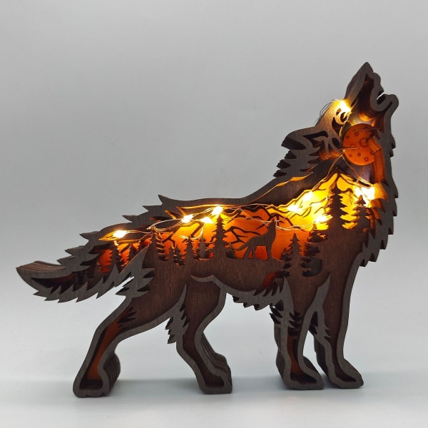3D Wooden Wolf Totem Statue, Wooden Howling Wolf Figurine with Fairy Lights