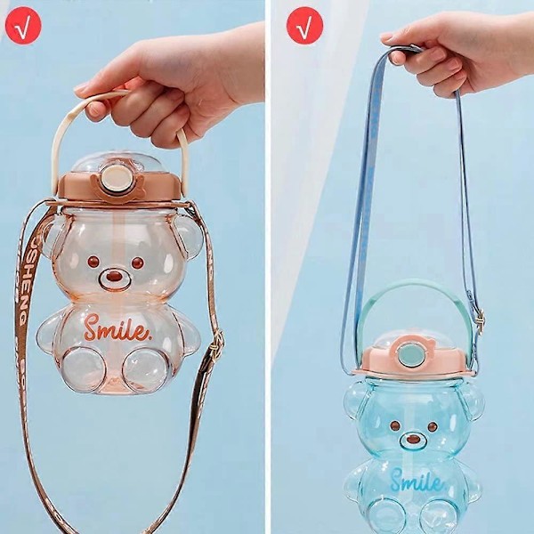 Søte Vannflasker med Sugerør, 3D Søte Klistremerker og Justerbar Stropp, Kawaii Bjørn Vannflaske for Barn Kvinner Jenter Clear 32 oz