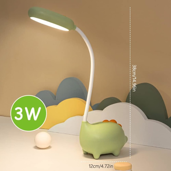 Børns bordlampe Dinosaur Børneværelse Genopladelig bordlampe Justerbar senglampe med USB LED øjenbeskyttelse Læsebordlampe (Grøn)