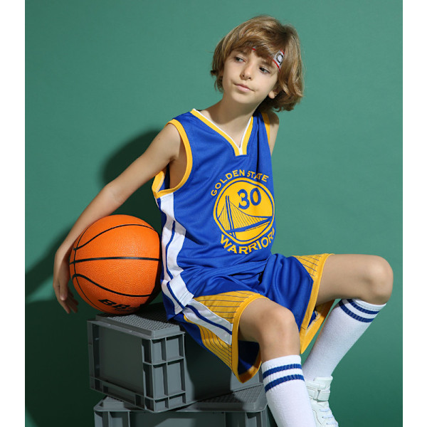 Stephen Curry #30 Baskettröja Set Warriors Uniform för barn och tonåringar Blå Blue XS (110-120CM)