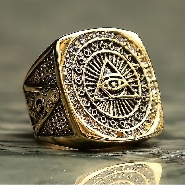 Vintage tungt rostfritt stål All Seeing Eye Ring För Män Kristall Guld Färg Mason Masonic Punk Man Ring Mode Smycken Present 12