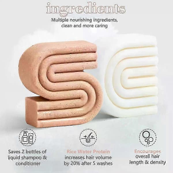 Risbar Shampoo & Balsam Sæt til Hårvækst, Solid Shampoo & Balsam Bar Sæt til Styrkelse af Hår, Risvand Shampoo Bar & Balsam 1pc