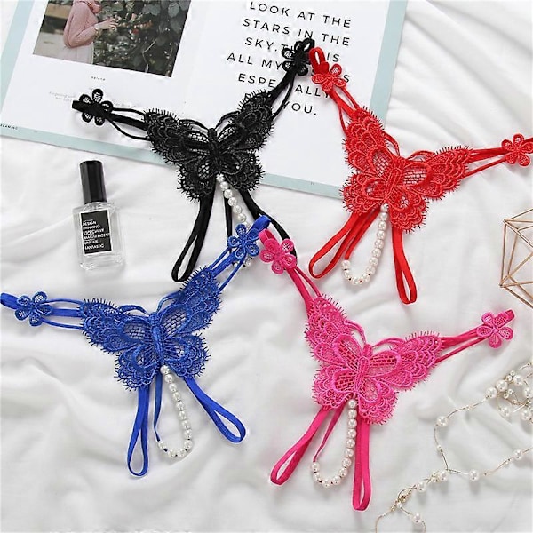 Naisten avoimet haara-alushousut seksikkäät helmi-thongit läpinäkyvät perhonen eroottinen alusvaate G-string haara-alushousut Red One Size