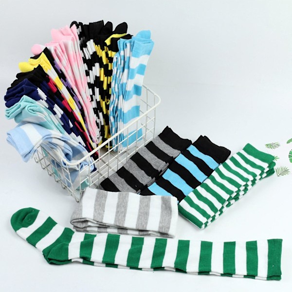 Strumpbyxor med färgblock och ränder för kvinnor, över knä, höga lårstrumpor till jul Light Blue White Fine Stripe