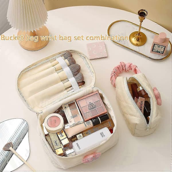 Fløjlsrejse-kosmetiktaskesæt (creme) - 2-delt makeup-organizer
