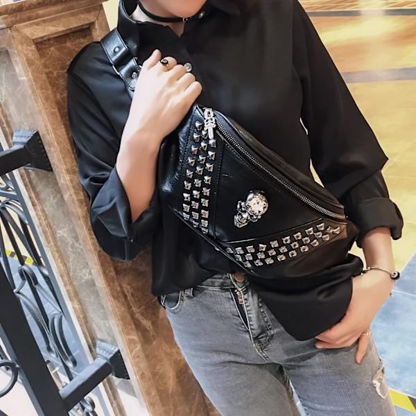 Bumbag för damer, svart läder midjeväska för kvinnor med dödskallemotiv, midjeväska för män och kvinnor
