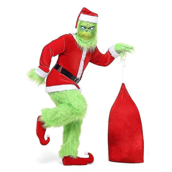 Cafele 8st grön monsterdräkt för vuxen jultomte cosplay med mask lurvig tomtedräkt Halloween fest outfit M
