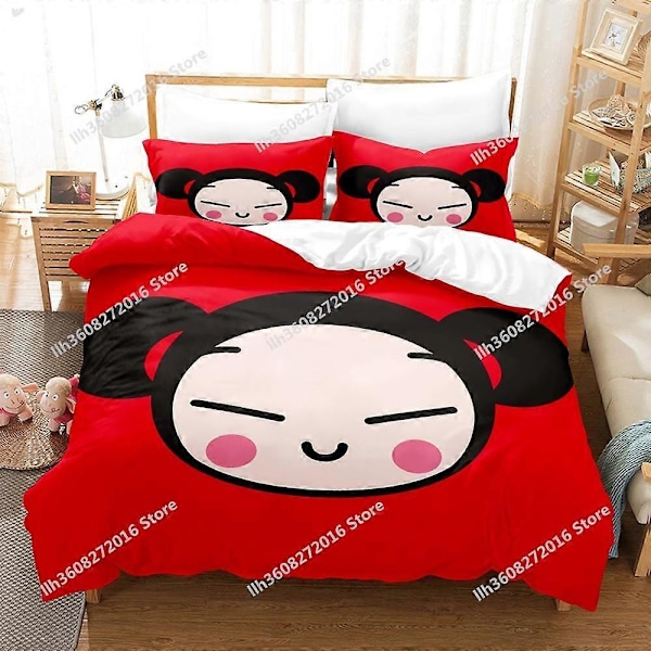 v839 Sängkläder Kawaii Pucca Sängset Enkel Twin Full Queen King Size Sängset Vuxen Barn Sovrum Påslakanset Anime Lakan Set 3-Delat Sängkläder 200x200cm 78x78in