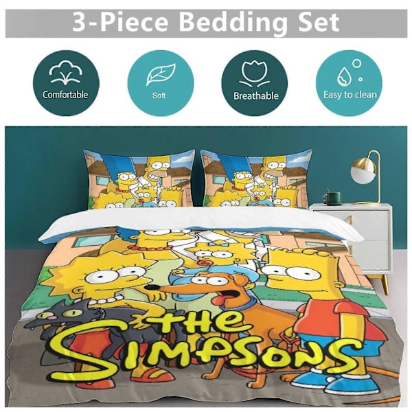 x385 The Simpsons 3-delt Sengesæt Varmt Og Behageligt Blødt Dynebetræk Sengesæt med 1 Dynebetræk Og 2 Pudebetræk til Soveværelse b385 135x200cm 53x78in