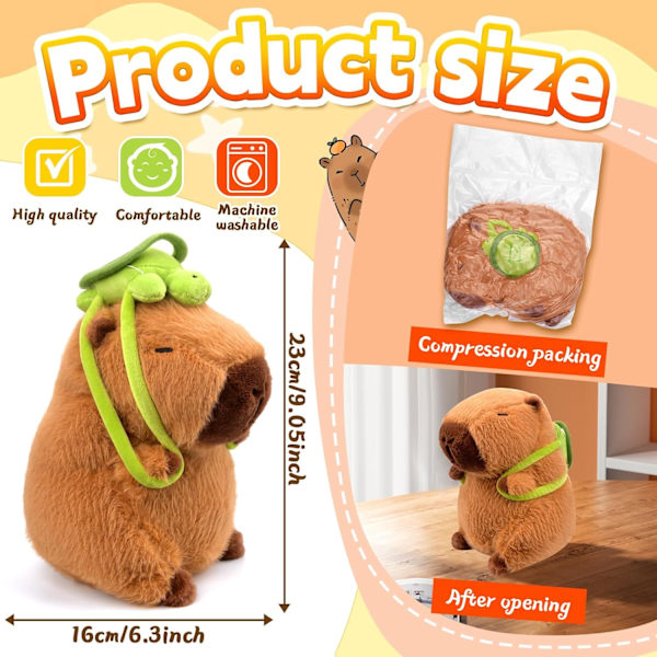 Capybara plyslegetøj, 23 cm Capybara bærer skildpadde rygsæk, udstoppet dyr Capybara legetøj, søde plysdyr marsvin plys