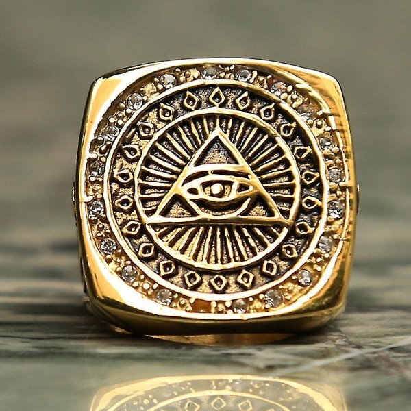 Vintage tungt rostfritt stål All Seeing Eye Ring För Män Kristall Guld Färg Mason Masonic Punk Man Ring Mode Smycken Present 10