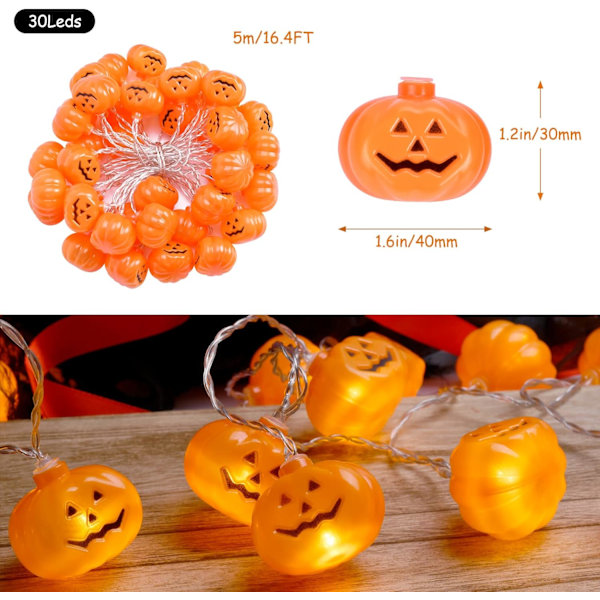 Halloween Dekoration LED Pumpa Ljusslinga, 16.4ft/30 LED Halloween Dekoration Batteridriven Halloween Ljus, Halloween Dekor