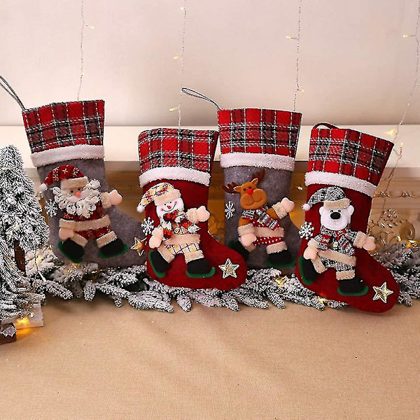4 st julstrumpor, stor julstrumpa, julklappspåse, björn, älg, snögubbe, tomtenisseprydnad, godispåse juldekoration strumpa