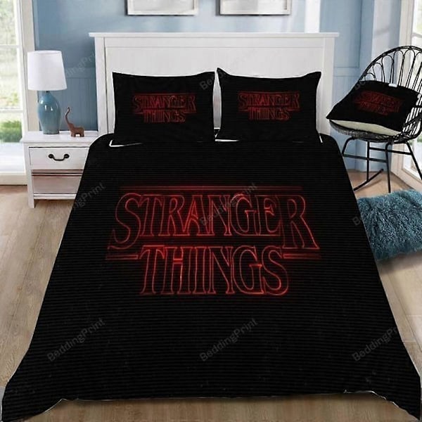 v1123 Lakanat Stranger Things Logo Tikattu Peittopussilakanasetti Vuodevaatteet Päiväpeite 3-osainen Vuodevaatesetti (1 Peittopussi + 2 Tyynyliinaa) y1123 200x200cm 78x78in