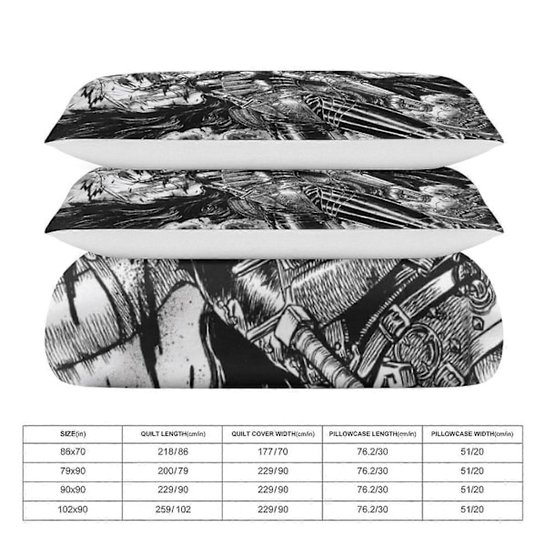 x417 Anime Berserk 3-delt Sengesæt Varmt og Behageligt Blødt Dynebetræk Sengesæt med 1 Dynebetræk og 2 Pudebetræk til Soveværelse b417 240x260cm 94x102in