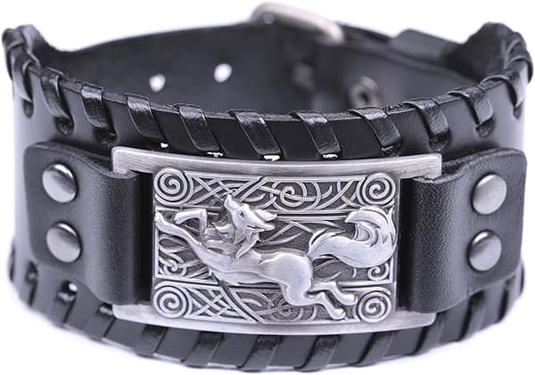 Justerbart sort læderarmbånd med vikingræv og keltisk knudemønster