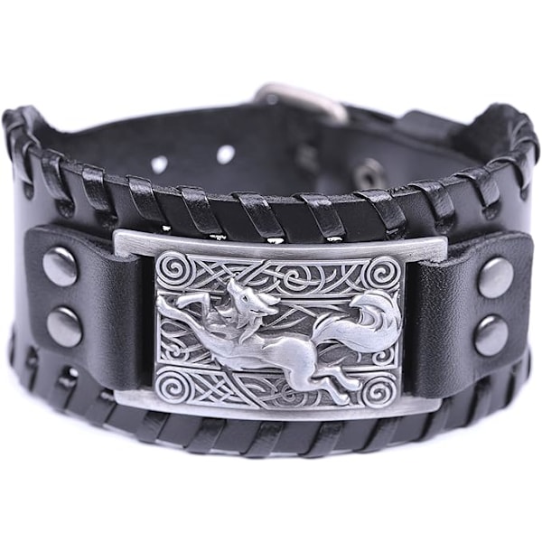 Keltisk knude Viking ræv læder manchet armbånd justerbar sort