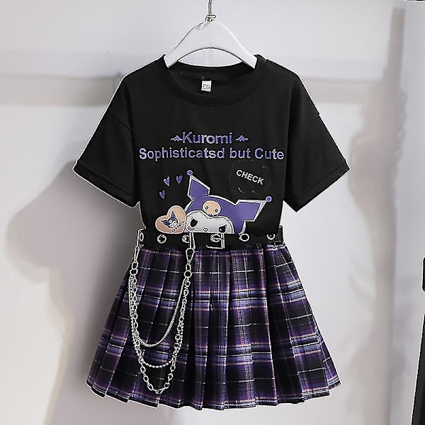 Sanrios tegneserie Kawaii jenter hvit T-skjorte dress Kuromi søt sommer kort ermet college Jk uniform skjørt barn trendy skjørt 140cm Kuromi2