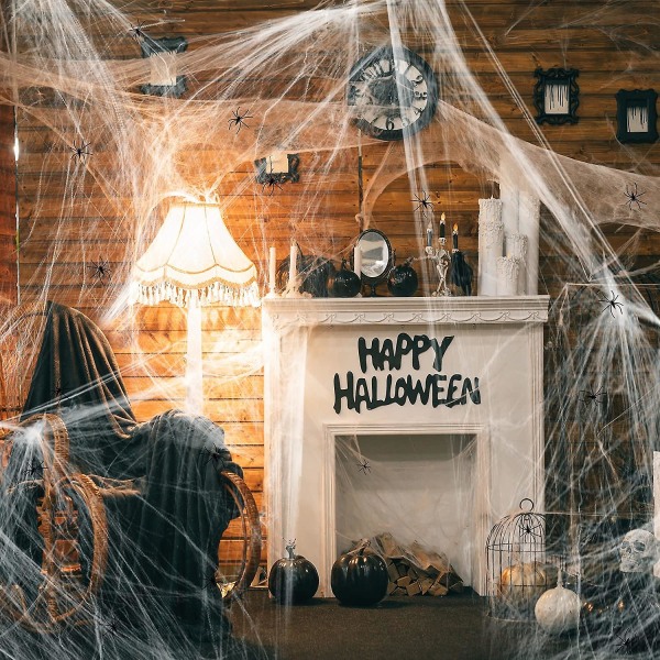 1400 neliöjalkaa Halloween-hämähäkinseitti koristeet Super Stretch White Webbing Spooky Cobwebs Extra 30 Fake Spiders Halloween-juhlat sisustus sisä- ja