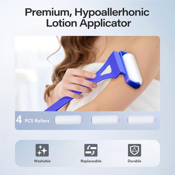 Back Lotion Applicator with Long Handle, 4 Reusable Foam Rollers & Foldable Design for Easy Self-Application, Blue Blue