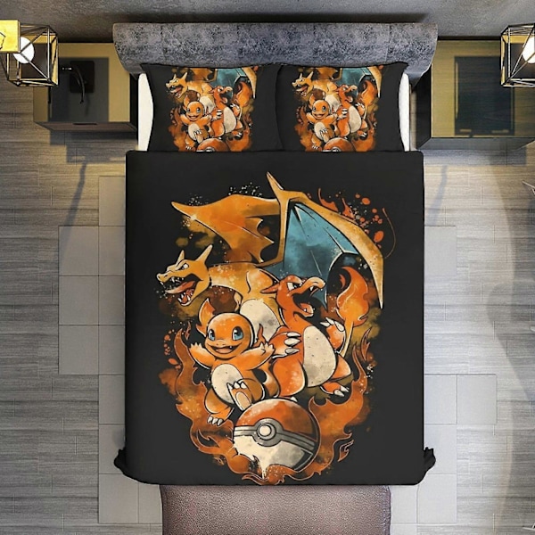 v218 Sengesæt Sengetøj Pokmon Charizard 3 Dele Sæt Full/Queen Size - Vendbare Mikrofiber Dyner med Pudebetræk Blødt Letvægts Sengetæppe Overkast C 135x200cm 53x78in